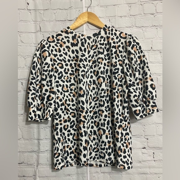 Leopard Print Womens Size Small Puff Short Sleeve Babydoll Blouse Top - Picture 1 of 6